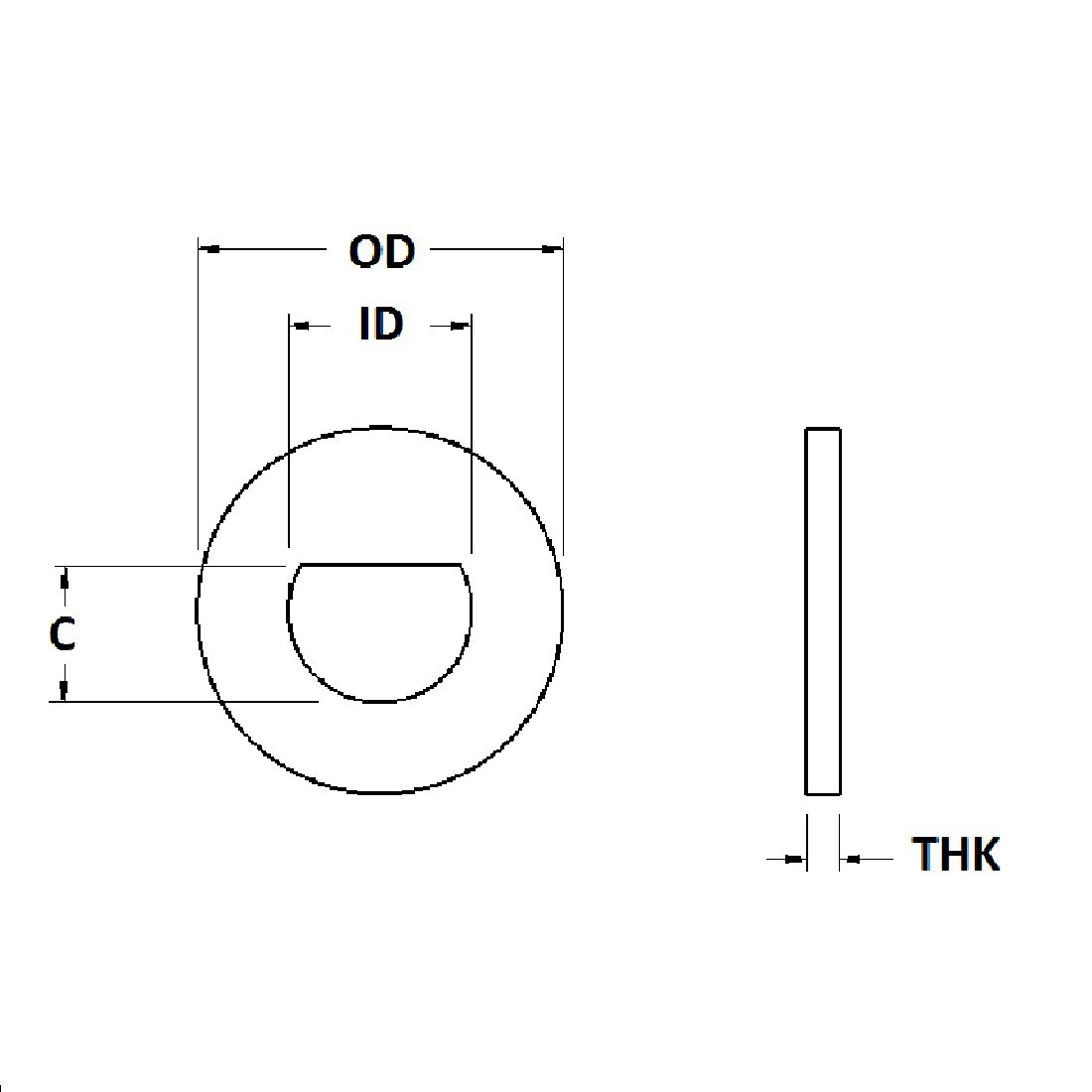 D-Shaped ID Washer - 0.329 ID, 0.610 OD, 0.080 Thick, Low Carbon Steel - Soft, Zinc & Yellow